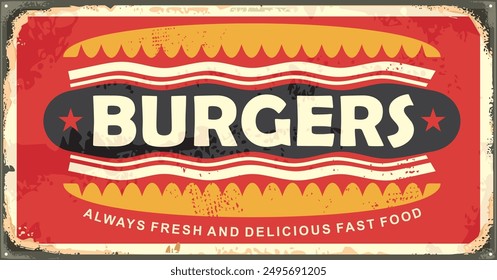 Retro advertising menu sign template with burger text. Fast food restaurant retro poster design. Vector tin sign illustration for diner or cafe bar.