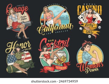 Retro advertising set flyers colorful with women inviting on trips to casinos and bars or ads feminist club vector illustration