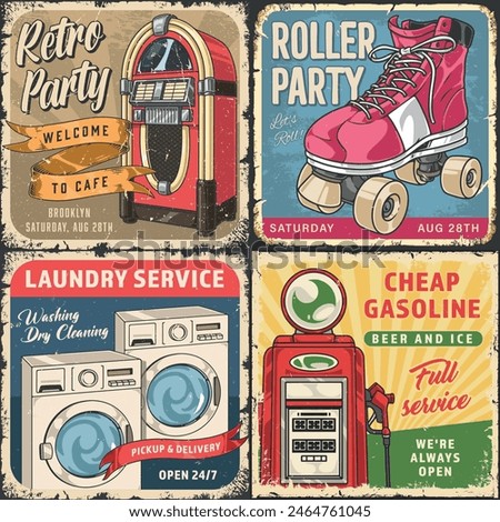 Retro advertising set posters colorful with jukebox and roller paints near washing machines and cheap gasoline vector illustration