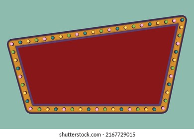 Retro advertising sign gold border with colorful light. Vector illustration