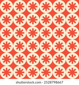 Retro aesthetic monochrome seamless pattern in style 60s, 70s. Snowflakes and circles shapes. Geometric simple vector print. Red and beige colors