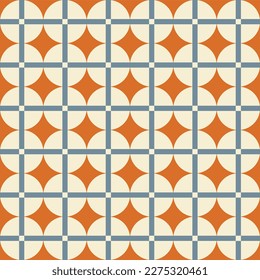 Retro aesthetic seamless pattern in style 60s, 70s. Geometric circles and linear grid on a orange background. Trendy vector print. Blue, orange and beige colors