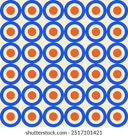 Retro aesthetic seamless pattern in style 60s, 70s. Colorful circles or rings on a light background. Blue, orange and beige colors. Geometric vector print.	
