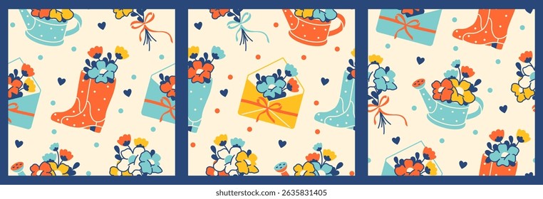 Retro padrões estéticos sem emenda com flores florescentes, botas de borracha encantadoras, buquês brilhante. Impressões infinitas para embalagem, embrulho de presente, tecido. Cores quentes vintage