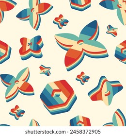 Patrón sin fisuras de estilo estético retro con Formas geométricas abstractas y Elementos. Formas y figuras de arco iris en estilo futurista retro de fondo sin fisuras. Ilustración vectorial
