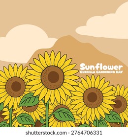 Retro aesthetic vector illustration featuring vibrant sunflowers blooming under a sunset sky for International Sunflower Guerrilla Gardening Day, May 1st celebration, and awareness of urban greening.