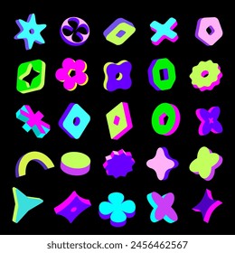 Retro aesthetics. 3D isometric shapes set. Brutalist Y2K 3D shapes and objects in bright and rich colors. Abstract isometric design elements collection. Vector illustration