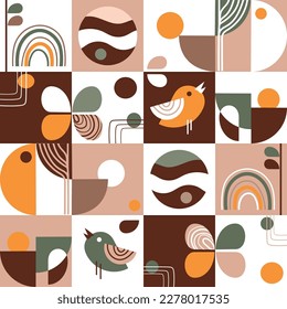 Patrón geométrico de la estética retro.Fondo de textura geométrica abstracta con pájaros y elementos florales de formas abstractas al estilo Bauhaus.Ilustración vectorial para impresión, pancarta, póster, papel pintado, cubierta