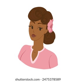 Retro african american woman in flat colorful style. Cartoon illustration with 50s haircut. Hand drawn vector illustration. Design for beauty salon, cosmetic products, print, web. 