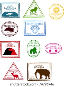 Retro African Set Of Fun Country Passport Stamps Vector Illustration