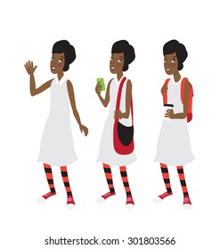 Retro Afro american school girl with short hair in old fashioned white dress and red and black stripped tights, standing alone with different assets.

