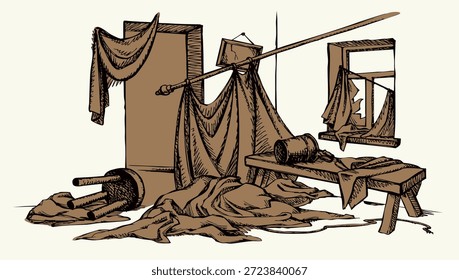 Retro Alter schlampig abgenutzt Rip zerrissenen Stoff Lappen hängen Blatt Abfall Artikel Zeug stapeln Junk rustikalen ländlichen Staub.
Hüttendecke. Innenansicht geworfen Wrack Glas Fleck handgezeichnet Krieg Beben Teppich Linie Cartoon Kunst
Skizze