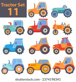 Retro agricultural machinery tractor.Rural vehicle.Vector flat illustration.Cartoon car.Rural transport.Children's toys.Funny construction transport.Construction equipment. Set agricultural tractor.