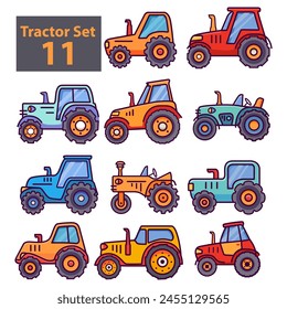 Retro agricultural machinery tractor.Rural vehicle.Vector flat illustration.Cartoon car.Rural transport.Children's toys.Funny construction transport.Construction equipment. Set agricultural tractor.