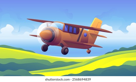 Retro agricultural plane biplane flies over fields aerial view in cartoon style.