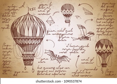 Retro air balloons hand drawn sketches. Vintage engraving poster. Flying inventions. Early flying machines.