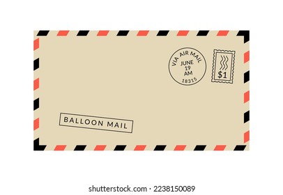 Retro air mail envelope with postal stamps. Communication history. Vector illustration. Editable stroke.