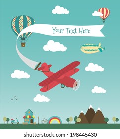 Retro Air Plane Banner Design with Vintage Airships like Aerostat and Air Balloon. Vector Illustration. Mini Town with Cute House and Bikes