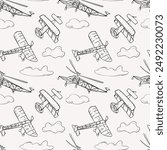 Retro air planes in clouds black white line on seamless pattern. Endless vector background with simple monochrome helicopter, biplane contour hand drawn ink. Various air transport in doodles style