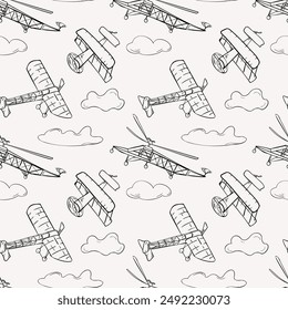 Aviones de aire retro en nubes línea blanca y negra en patrón transparente. Fondo de Vector sin fin con helicóptero monocromo simple, tinta dibujada a mano de contorno biplano. Transporte aéreo variado en estilo doodles