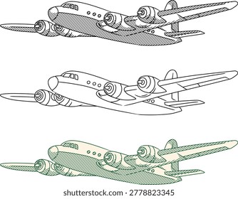 Retro aircraft vector set. Collection of vintage propeller planes in hand-drawn etching style, black line art, and colored engraving. Isolated aviation transport elements on white background.