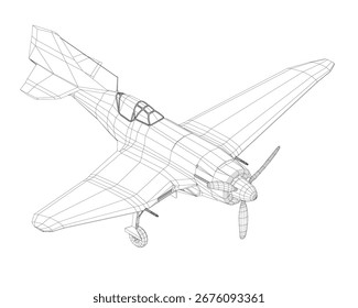 Drahtmodell für Retro-Flugzeuge mit detaillierten Flügeln, Schwanz und Cockpit, sichtbar auf sauberem, weißem Hintergrund.