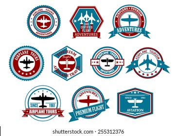 Retro airline tourism and travel labels or badges with silhouettes of planes in different frames decorated ribbon banners, stars and waves for travel agency or transportation design