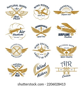 Retro Airplane And Aircraft Icons, Custom Plane Wind Riders And Legend Pilots, Vector Symbols. Aviation Vintage Icons Of Pilots Or Aviator Academy And Airplane Crew Team Badge With Propeller Airplane