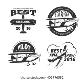 Retro airplane, aircraft vector labels set. Best pilot label, aeroplane or monoplane badge, emblem airplane transport, avia show airplane logo illustration