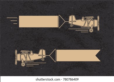 Retro Airplane aka Vintage Biplane Aircraft Flying with Blank Advertising Banner Inverted Polygonal Outlines Style - Beige Elements on Black Rough Paper Background - Flat Contrast Graphic Design
