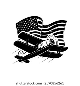 Retro airplane with american flag. Design element for poster, card, banner, sign. Vector illustration