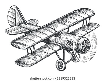 Retro airplane biplane with piston engine. Vintage transport sketch vector illustration