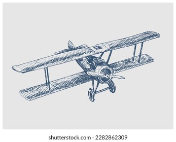 Retro airplane biplane sketch obsolete blue style vector illustration. Old hand drawn azure engraving imitation.