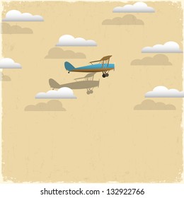 Retro airplane and clouds from paper. Vector paper-art