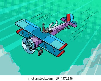 Retro-Flugzeug mit weiblicher Pilotin, Pop Art Retro-Illustration