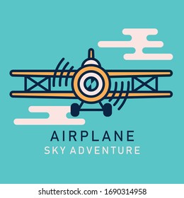Retro airplane flat image. Retro airplane flying in the sky