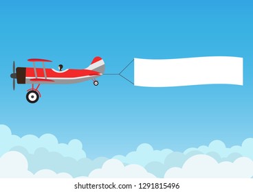 Avión retro volando con banner publicitario en cielo azul - Ilustración vectorial