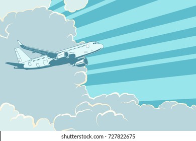 Retro airplane flying in the clouds. Air travel background. Pop art retro vector illustration