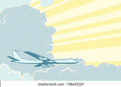 Retro airplane flying in the clouds. Air travel background. Pop art retro vector illustration