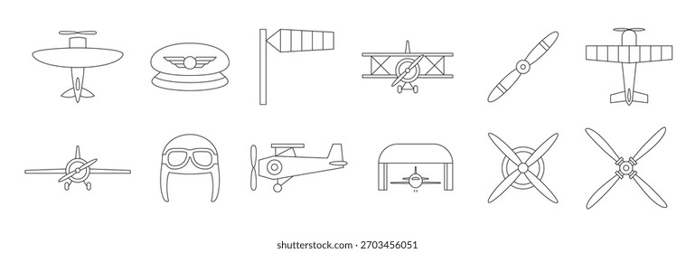 retro airplane line icons vector