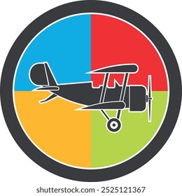 Retro airplane logo. Biplane flying. Pilot emblem