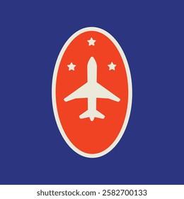 Retro airplane logo with a white plane silhouette inside a red oval, surrounded by three stars, set against a blue background. Vintage aviation design. Travel element vector illustration.