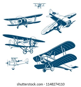 retro airplane,  vector graphic drawing set, isolated, one color, symbol, logo illustration, clip art, monogram