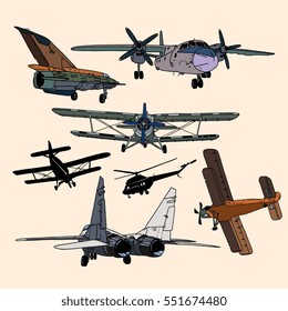 Retro airplanes and helicopters set isolated