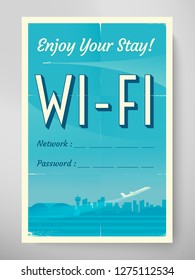 Retro Airport Poster With Wifi Login And Password. Vip Zone Offer. Realistic Grunge Paper 4:6 With Folds And Scratches. Rustic Mock Up Wall Decor. Eps10 Vector