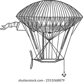 Esboço retro do dirigível. Voando desenho de transporte do céu