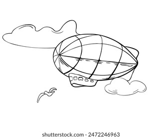 Retro airship in the sky black and white vector illustration isolated. Dirigible ink silhouette hand drawn. Zeppelin aircraft and clouds in contour. Simple cartoon transport coloring. Bird outline