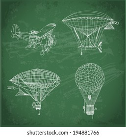 Retro airships sketch collection on blackboard. Vector illustration. 