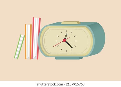 Retro alarm clock with alarm button next to the book. ringing alarm clock to wake children up. Colored flat graphic vector illustration isolated.