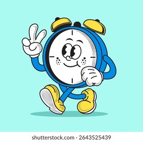 Retro Alarm Clock Cartoon Character. Flat Cartoon Vector Icon Illustration. Ideal for Sticker Poster Logo. Trendy Premium Vintage Style Design